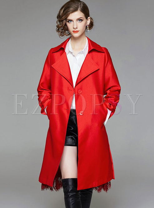 Pure Color Lace Splicing Turn Down Collar Single-breasted Trench Coat