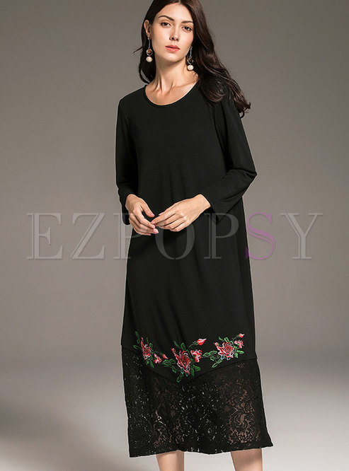 Casual Embroidered Patchwork Monochrome Shift Dress