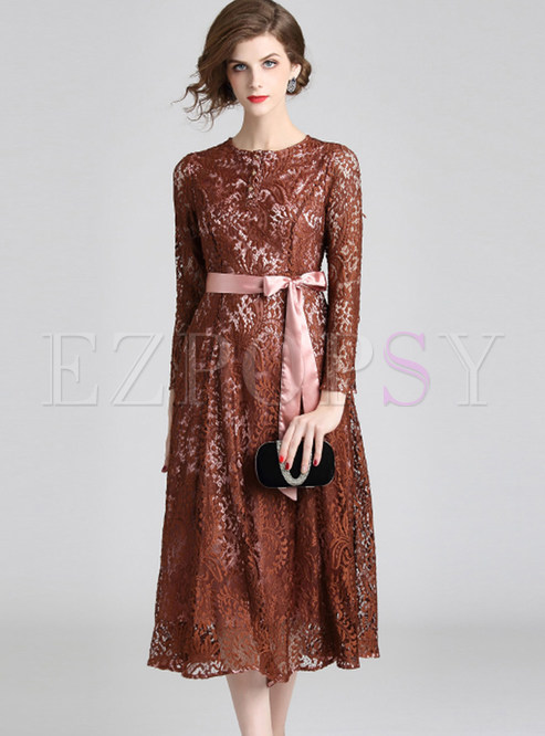 Hollow Out Long Sleeve Tie-waist Lace Slim Dress