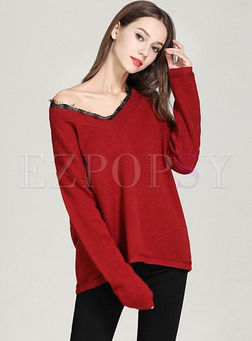 Casual Lace V-neck Splicing Bat Sleeve Pullover Sweater
