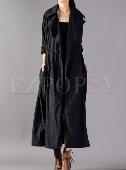 Trendy Notched Lapel Self-tie Trench Coat With Pockets