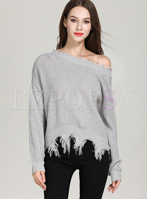 Trendy Plus Size Backless Irregular Tassel Hem Sweater