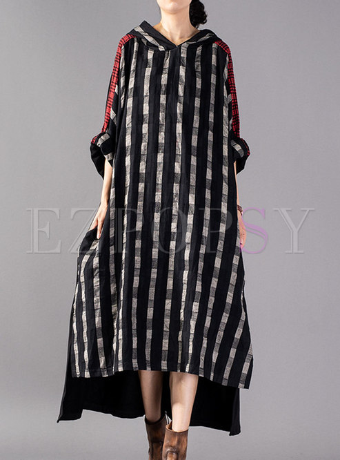 Stylish Plaid Patchwork Hooded High-Low Dress