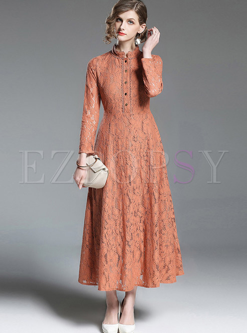 Stylish Standing Collar Single-breasted Lace Dress