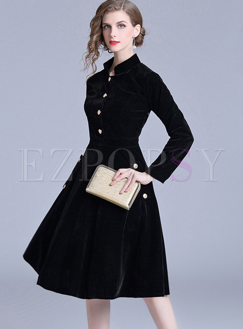 Dresses | Skater Dresses | Stand Collar Black Single-breasted Velvet A ...