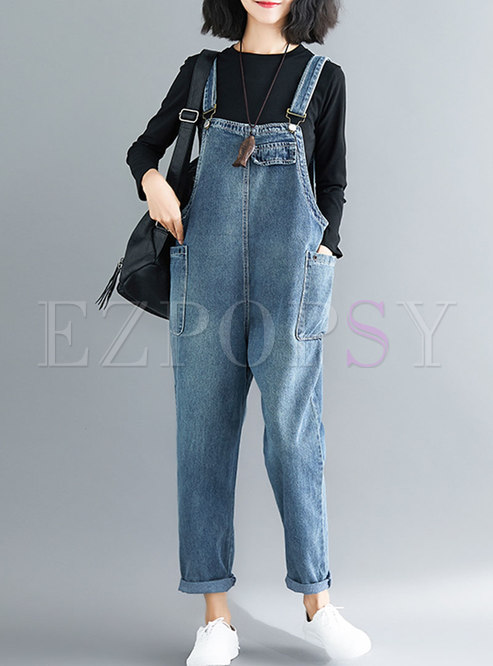 Pants | Pants | Casual Blue Distressed Denim Overalls With Big Pockets