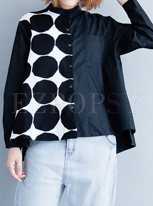 Fashion Black All-match Linen Blouse With Dots