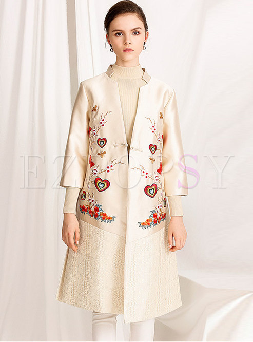 Chic Splicing Embroidered Single-breasted Side-slit Coat