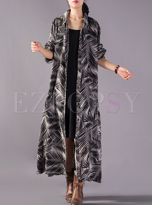 Trendy Black Linen Print Slim Long Coat With Single-breasted