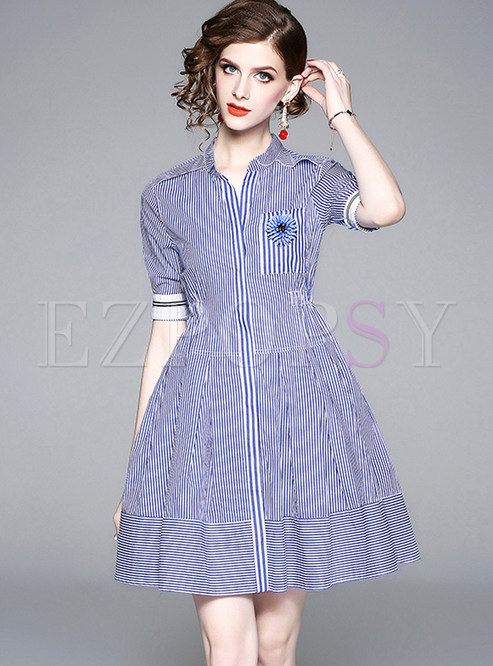 Standing Collar Single-breasted Striped Dress