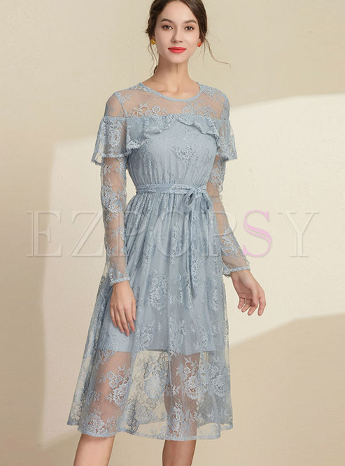 Stylish Light Blue Lace-paneled See-through Look Midi Dress