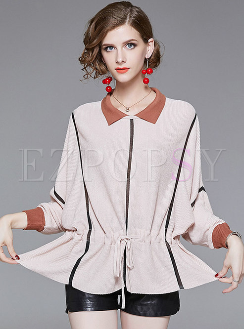 Color-blocked Lapel Bat Sleeve Gathered Waist Knitted Sweater