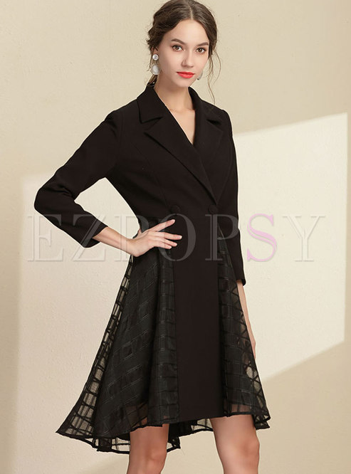 OL Notched Lapel Slim Lace Splicing Dress With Double-breasted