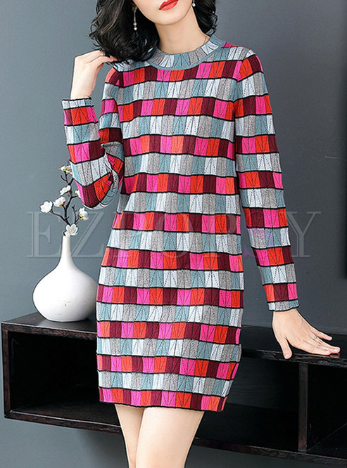 O-neck Long Sleeve Knitted Multi Plaid Slim Dress