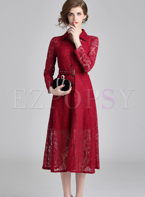 Trendy Turn-down Collar Lace Hollow Out Dress With Single-breasted