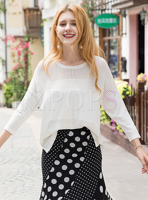 Pure Color Hollow Out O-neck Knitted Sweater