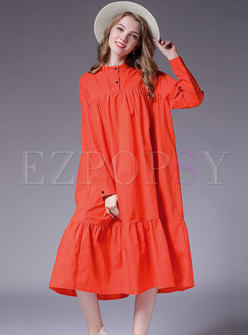 Pure Color Stand Collar Long Sleeve Shift Dress
