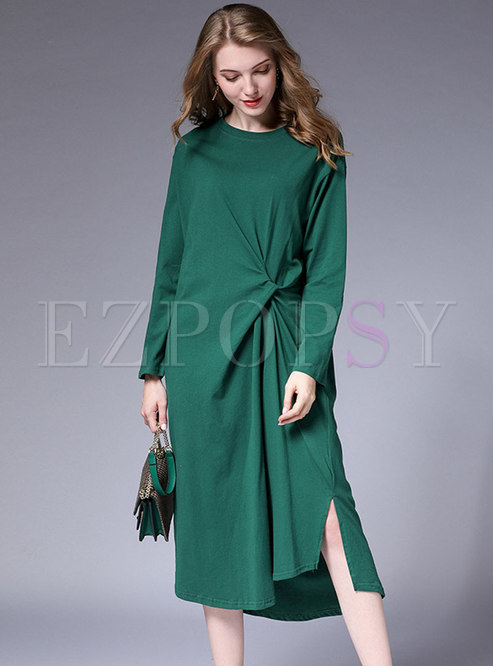 Dresses | Shift Dresses | Solid Color Long Sleeve Asymmetric Side-slit ...