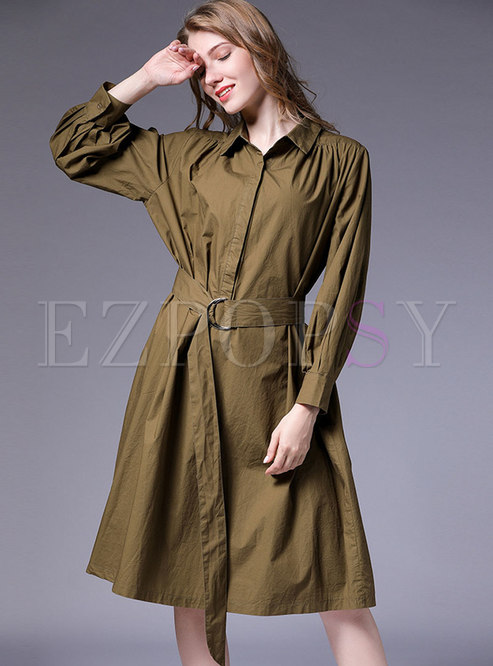 Pure Collar Belted Lapel A Line Dress