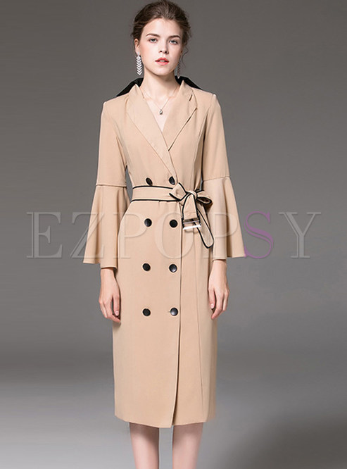 Pure Color Lapel Flare Sleeve Tie-waist Trench Coat