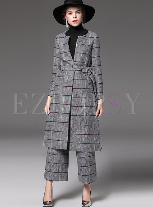 Two-piece Outfits | Two-piece Outfits | Plaid Zip-up Woolen Coat ...
