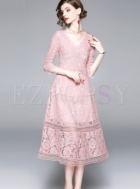 Dresses | Maxi Dresses | Sweet Pink V-neck Lace-paneled Semi-sheer Dress