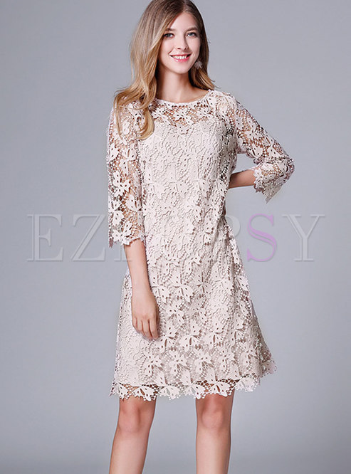 Pure Color O-neck Perspective Lace Dress