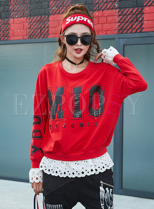 Casual Color-blocked Splicing Hollow Out Print Sweatshirt
