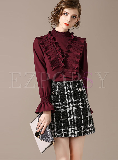 Standing Collar Flare Sleeve Blouse & Plaid Tweed skirt