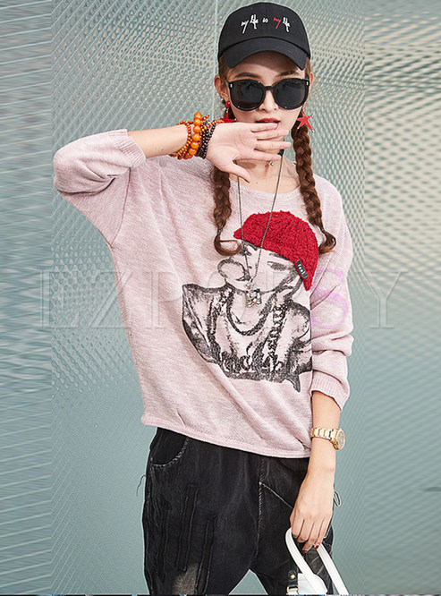 Cartoon Print Drilling O-neck Loose Knitted Sweater