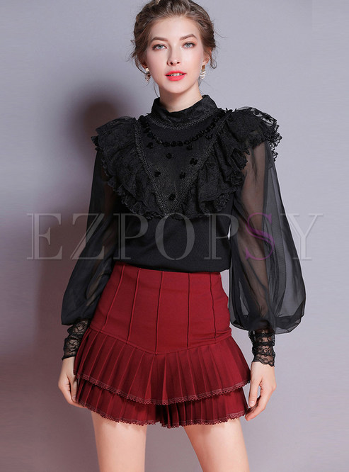 Standing Collar Sequined Lace Flouncing Knitted Blouse
