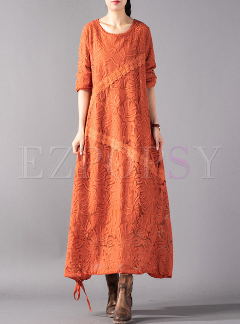 Plus Size Embroidered Patchwork Lace Maxi Dress