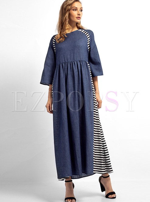 Fashion Denim Stitching Striped Waist Maxi Dress