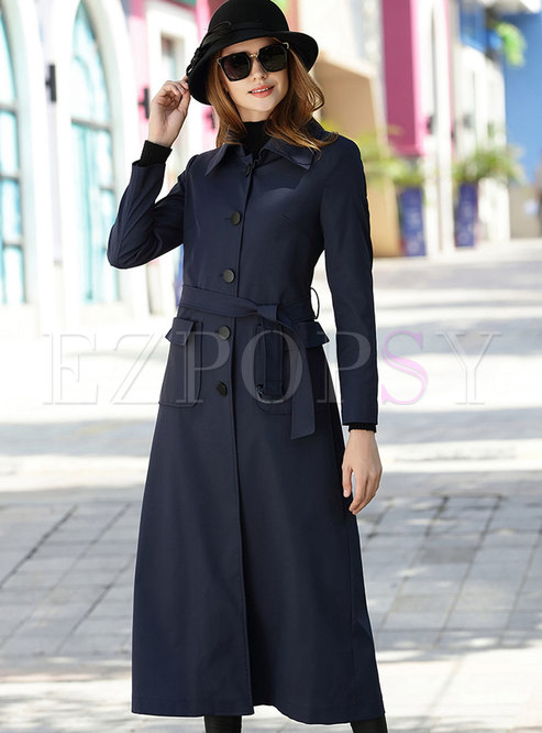 Pure Color Lapel Single-breasted Belted Slim Trench Coat