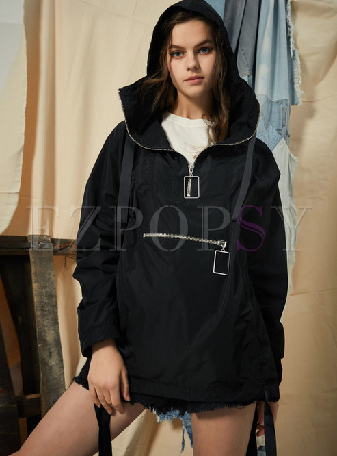 Pure Color Hooded Pocket Asymmetric Pullover Coat