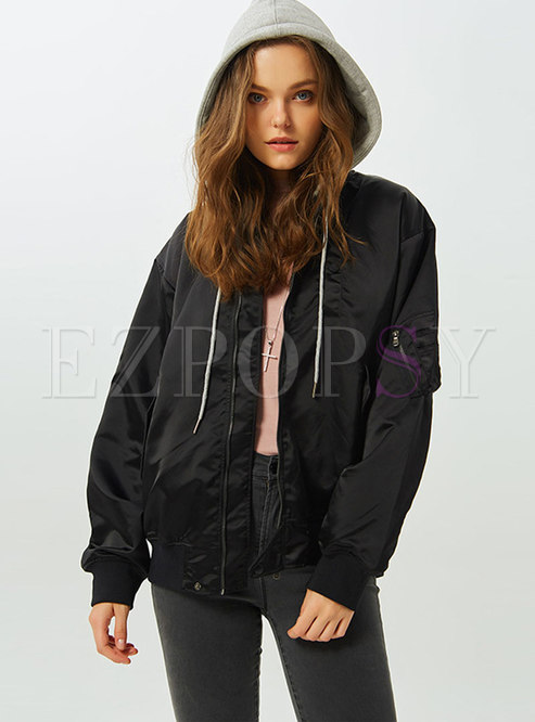 Chic Embroidered Hooded Zipper Short Jacket