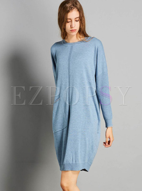 Blue Casual Loose O-neck Long Sleeve Knitted Dress