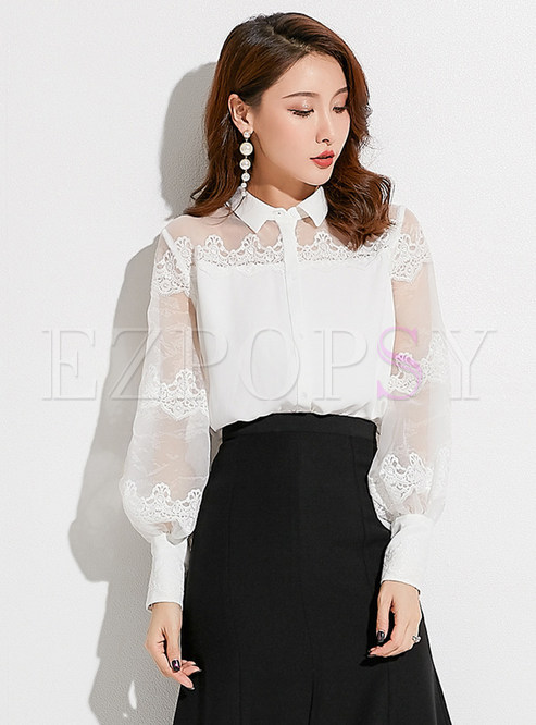 Tops | Blouses | Turn-down Collar Semi-sheer Sexy White Blouse