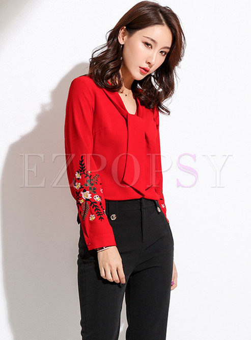 Tops | Blouses | Stylish Red V-neck Embroidered Chiffon Blouse