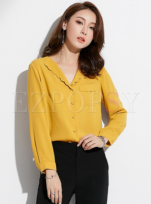 Pure Color Turn Down Collar Single-breasted Blouse
