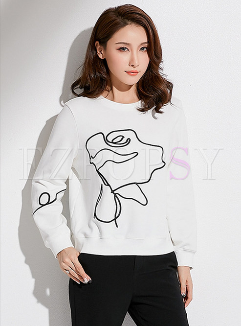 Casual White Embroidered O-neck Sweatshirt