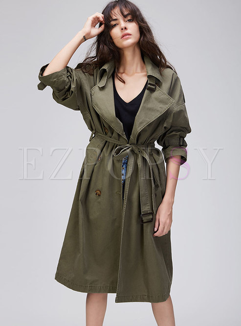 Casual Pure Color Double-breasted Long Trench Coat