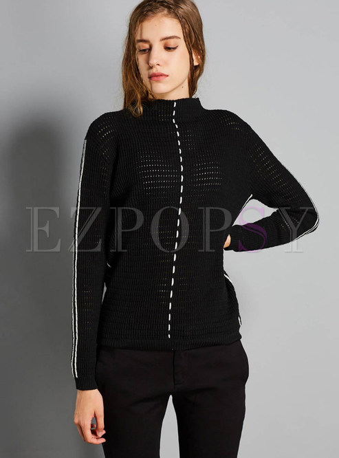 Black Slim Pullover Long Sleeve Color-blocked Sweater
