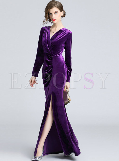Elegant V-neck Sheath Long Prom Dress With Split