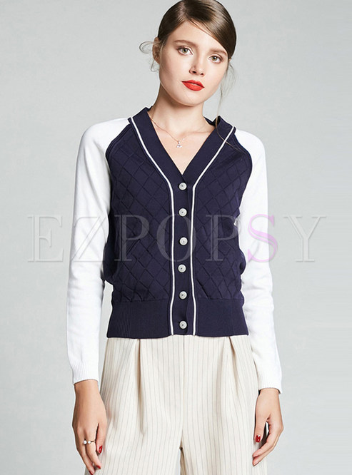 V-neck Color-blocked Single-breasted Zip-up Knitted Coat