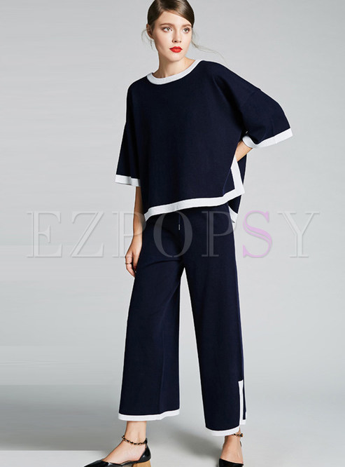 Casual Knitted O-neck T-Shirt & Wide Leg Pants