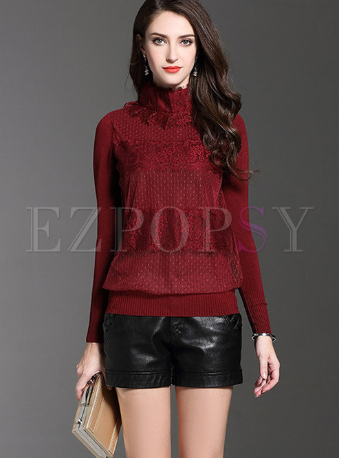 Wine Red Turtle Neck Patch Lace Slim T-Shirt