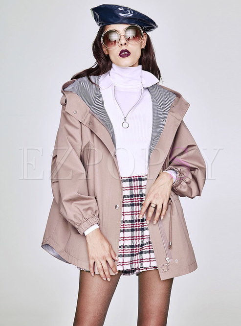 Hooded Gathered Waist Asymmetric Trench Coat