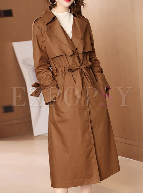 Fashion Pure Color Notched Tie-waist Trench Coat