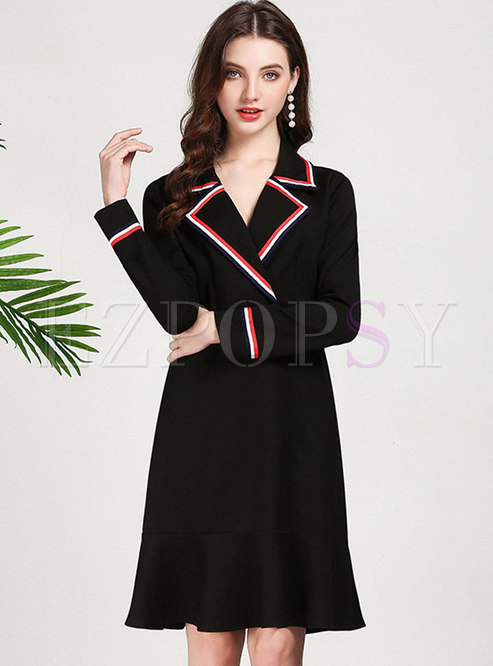 Color-blocked Notched High Waist Long Sleeve Knitted Dress